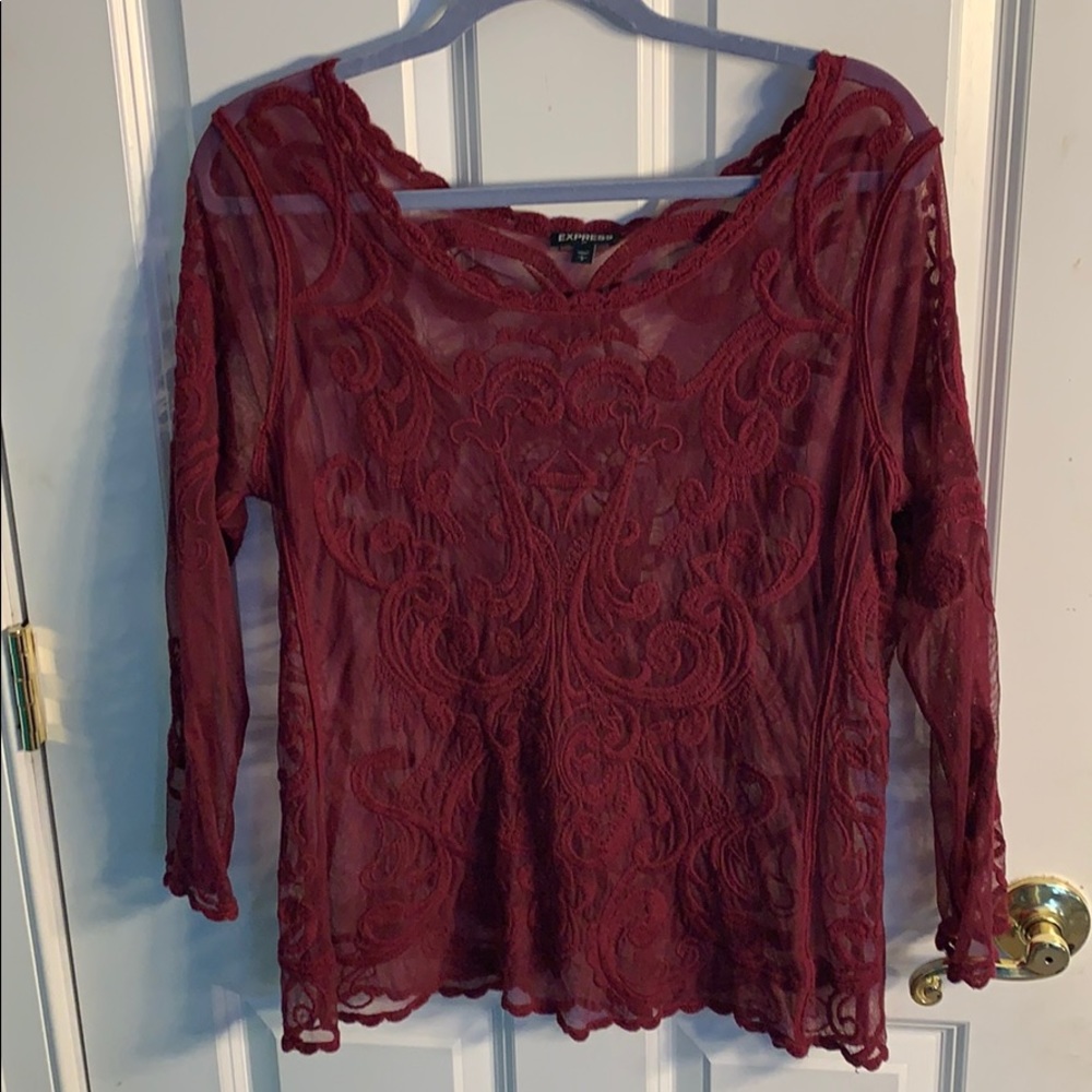 Maroon, sheer long sleeve blouse
